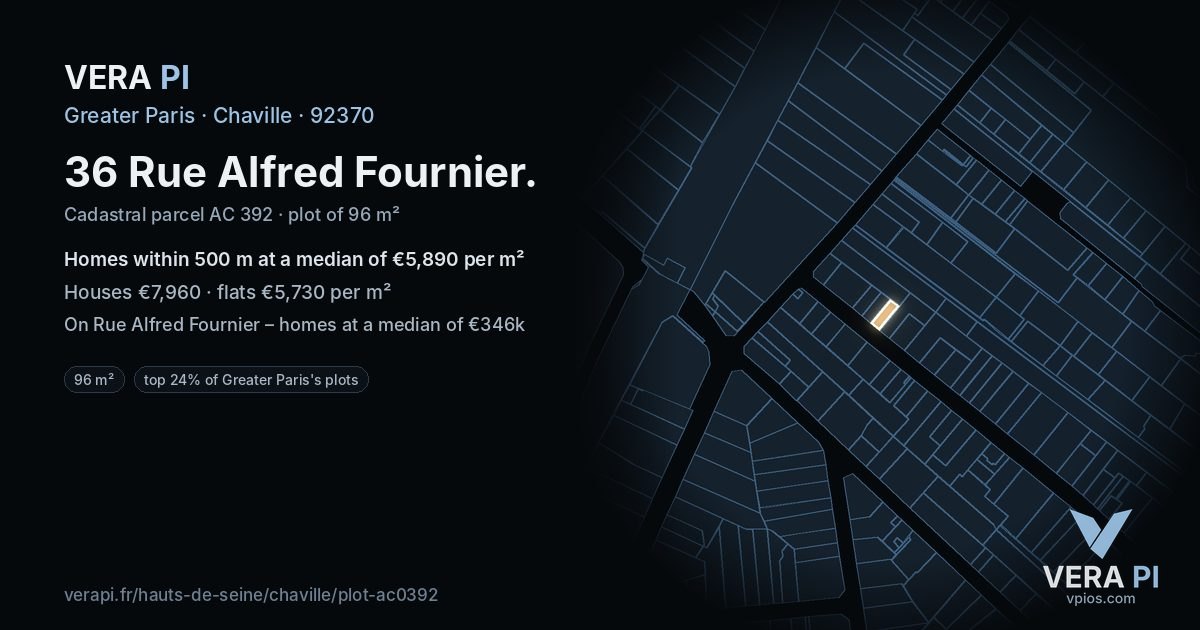 36 Rue Alfred Fournier, Chaville at night – the plot lit, the parcels around coloured by the prices near them