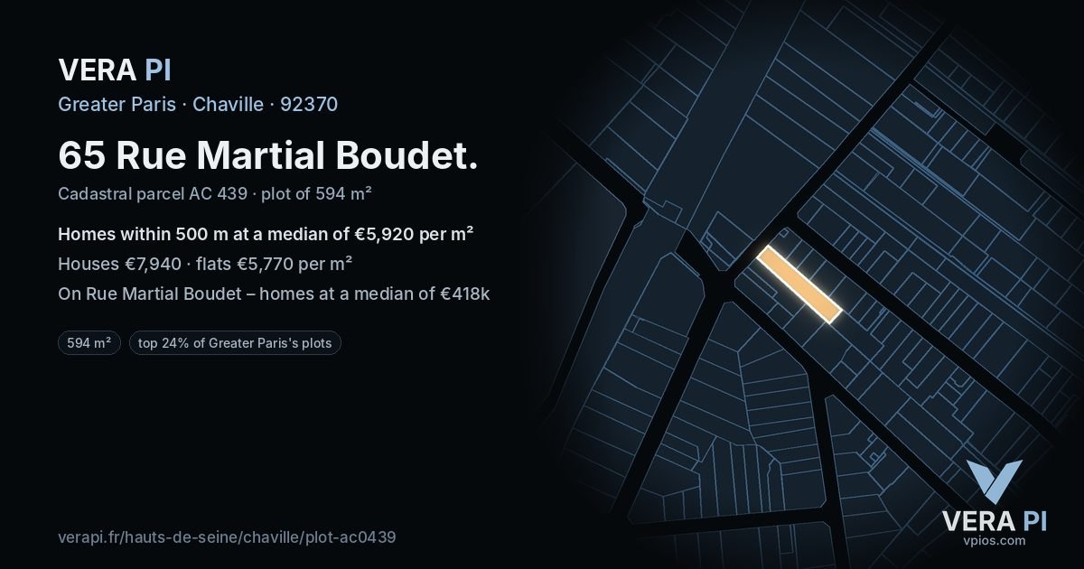 65 Rue Martial Boudet, Chaville at night – the plot lit, the parcels around coloured by the prices near them