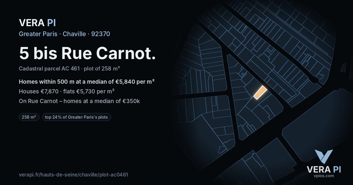 5 bis Rue Carnot, Chaville at night – the plot lit, the parcels around coloured by the prices near them