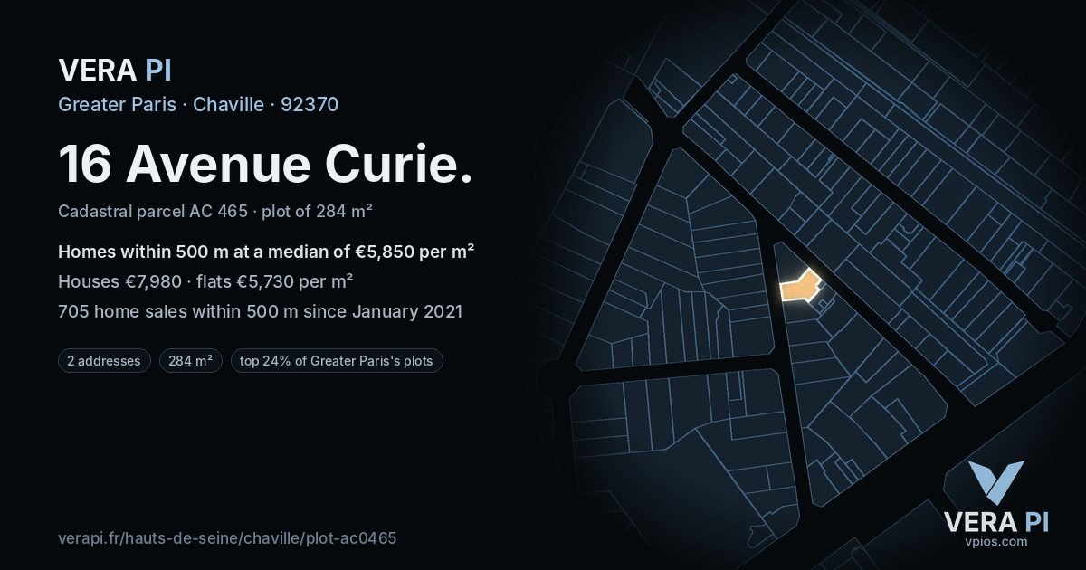 16 Avenue Curie, Chaville at night – the plot lit, the parcels around coloured by the prices near them