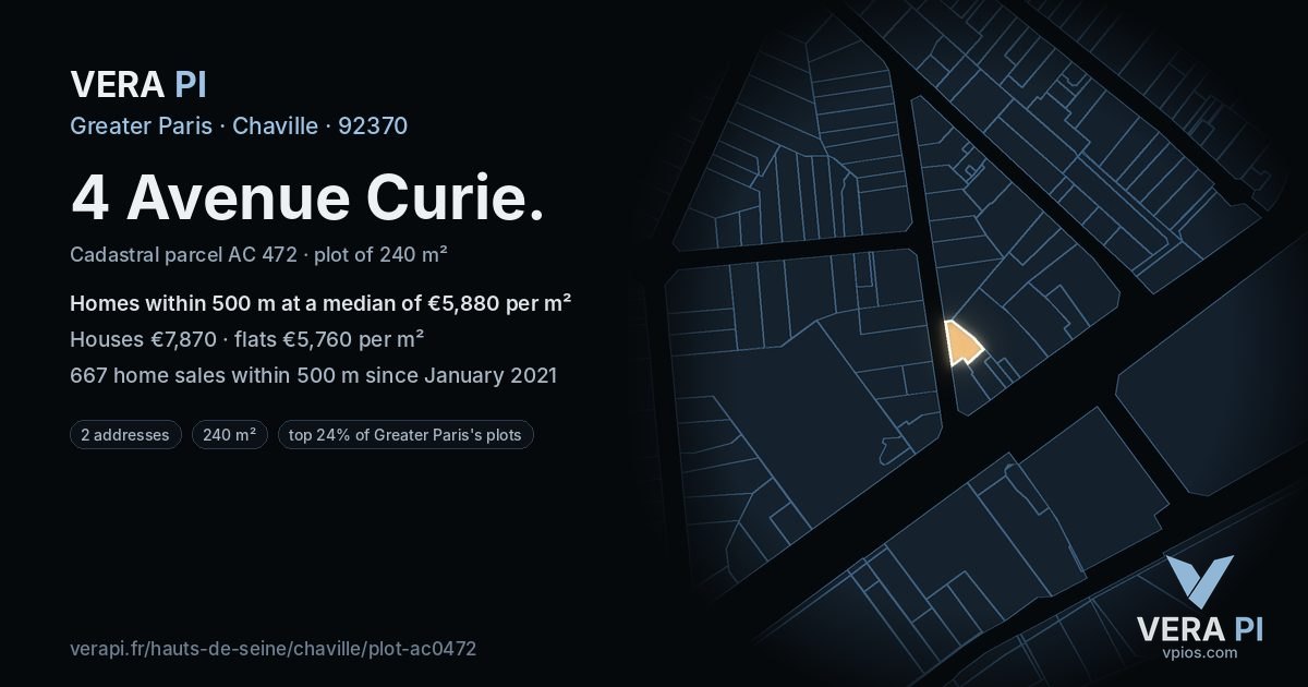 4 Avenue Curie, Chaville at night – the plot lit, the parcels around coloured by the prices near them