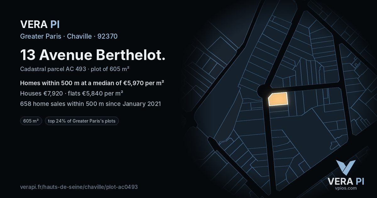 13 Avenue Berthelot, Chaville at night – the plot lit, the parcels around coloured by the prices near them