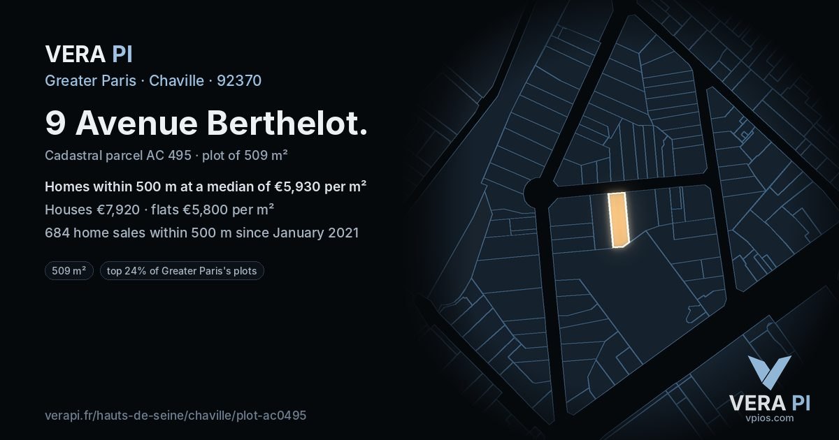 9 Avenue Berthelot, Chaville at night – the plot lit, the parcels around coloured by the prices near them