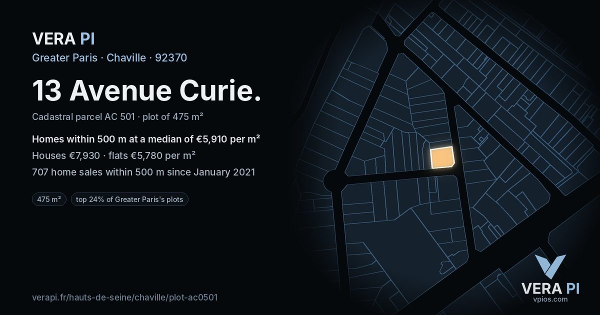 13 Avenue Curie, Chaville at night – the plot lit, the parcels around coloured by the prices near them