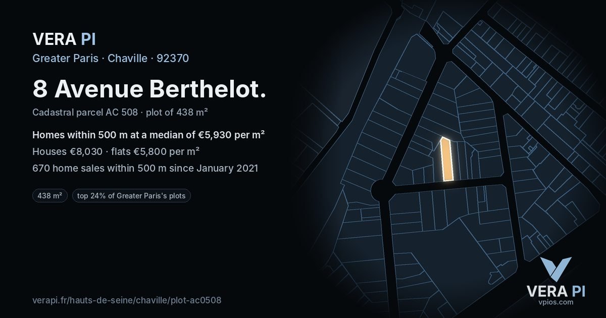 8 Avenue Berthelot, Chaville at night – the plot lit, the parcels around coloured by the prices near them