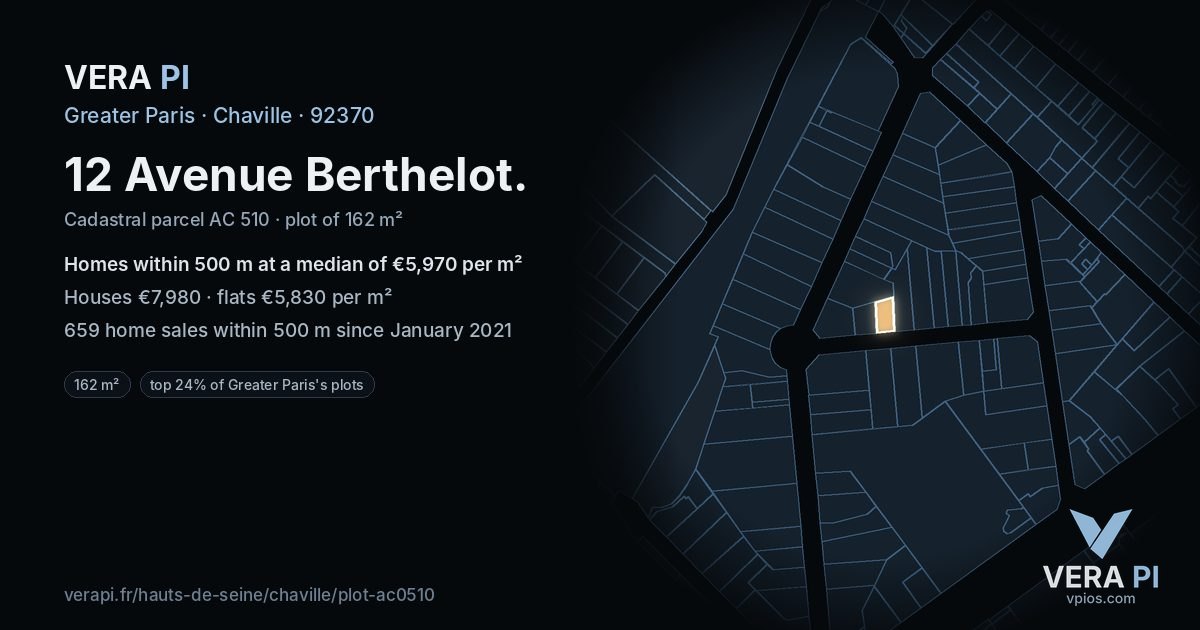 12 Avenue Berthelot, Chaville at night – the plot lit, the parcels around coloured by the prices near them