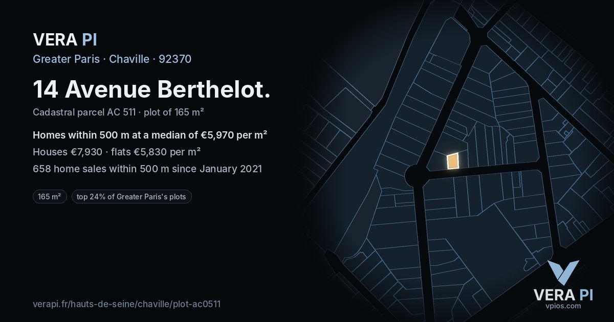 14 Avenue Berthelot, Chaville at night – the plot lit, the parcels around coloured by the prices near them