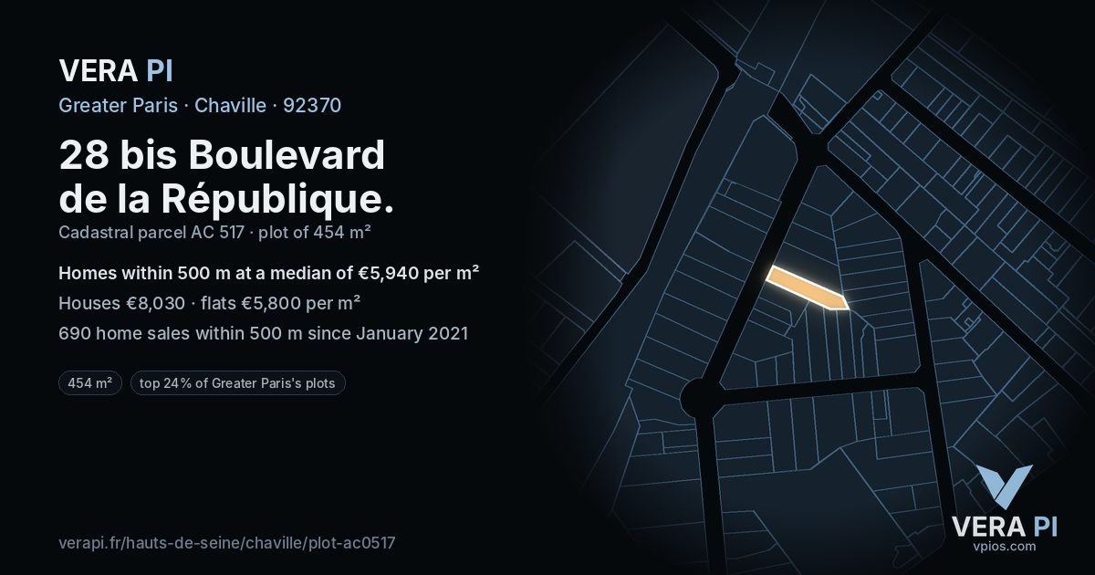 28 bis Boulevard de la République, Chaville at night – the plot lit, the parcels around coloured by the prices near them