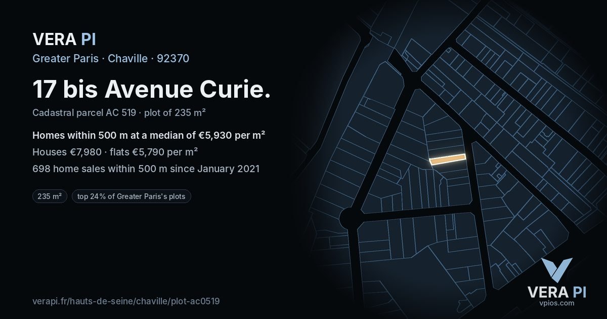 17 bis Avenue Curie, Chaville at night – the plot lit, the parcels around coloured by the prices near them