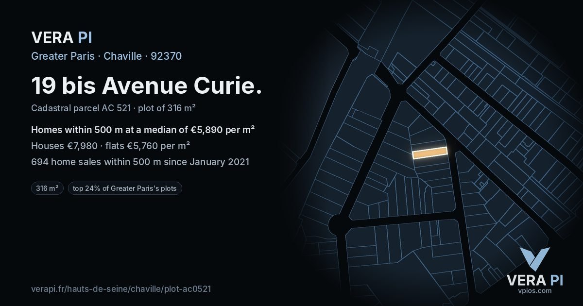 19 bis Avenue Curie, Chaville at night – the plot lit, the parcels around coloured by the prices near them
