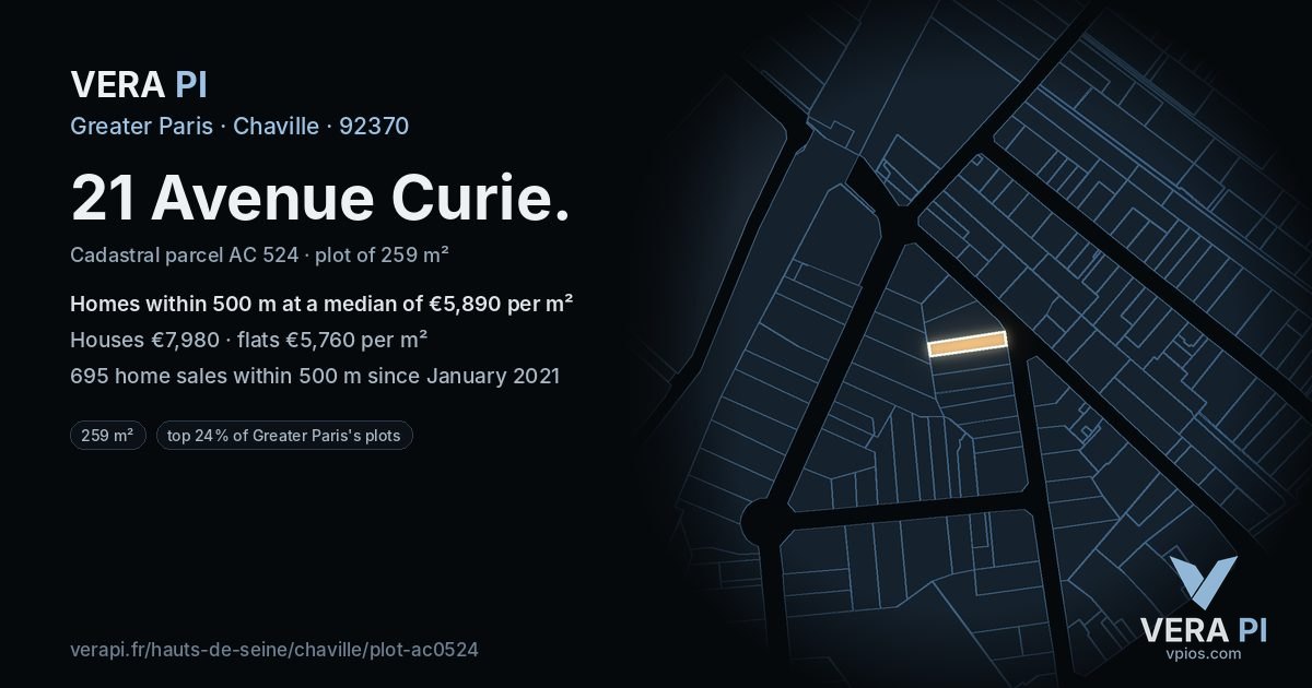 21 Avenue Curie, Chaville at night – the plot lit, the parcels around coloured by the prices near them