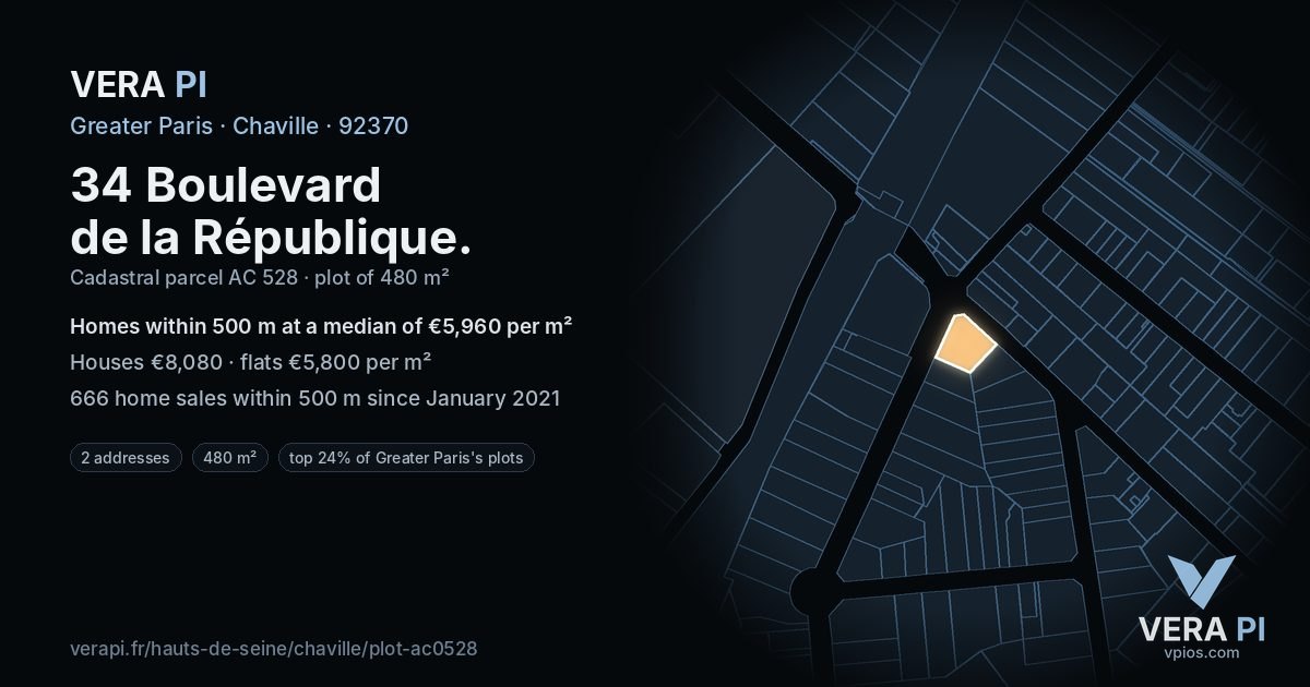 34 Boulevard de la République, Chaville at night – the plot lit, the parcels around coloured by the prices near them