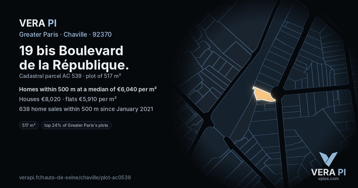 19 bis Boulevard de la République, Chaville at night – the plot lit, the parcels around coloured by the prices near them