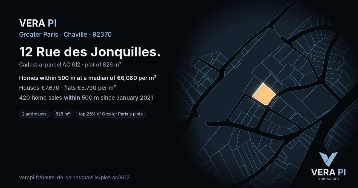 12 Rue des Jonquilles, Chaville at night – the plot lit, the parcels around coloured by the prices near them