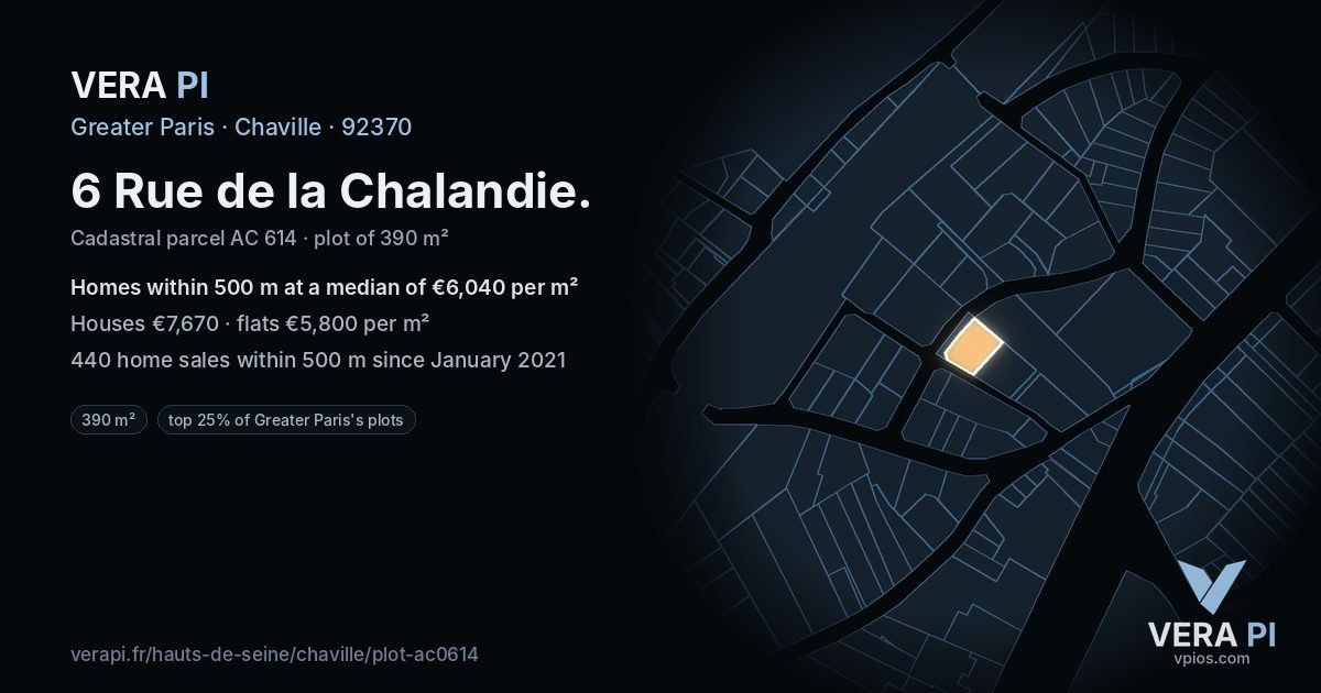 6 Rue de la Chalandie, Chaville at night – the plot lit, the parcels around coloured by the prices near them