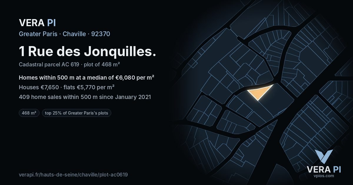 1 Rue des Jonquilles, Chaville at night – the plot lit, the parcels around coloured by the prices near them