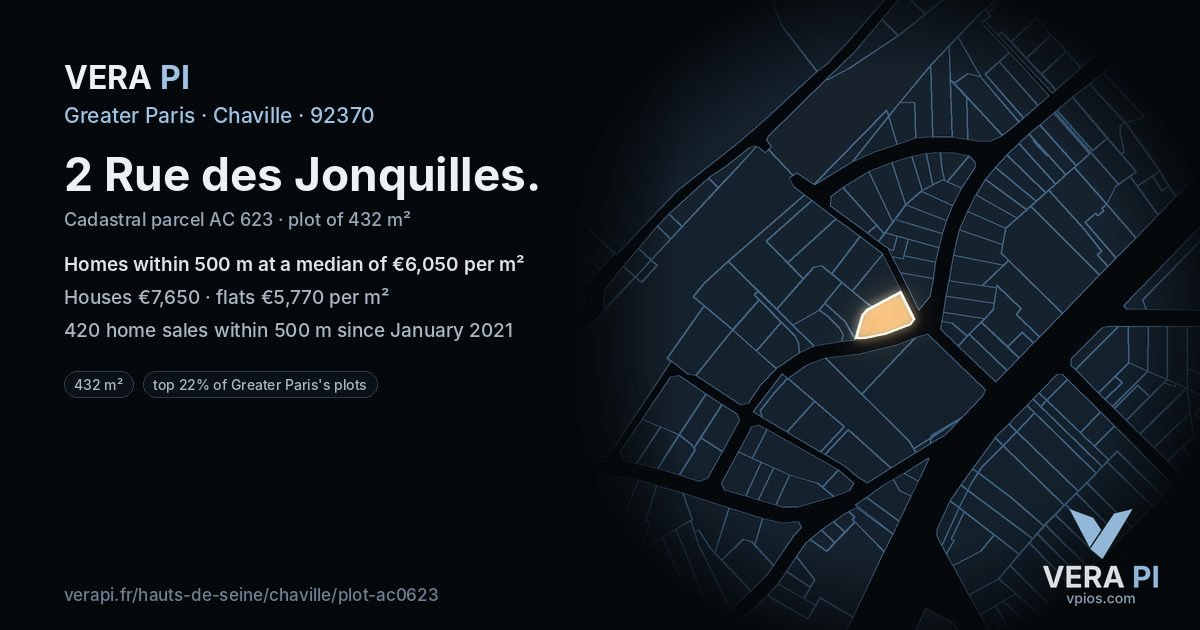 2 Rue des Jonquilles, Chaville at night – the plot lit, the parcels around coloured by the prices near them