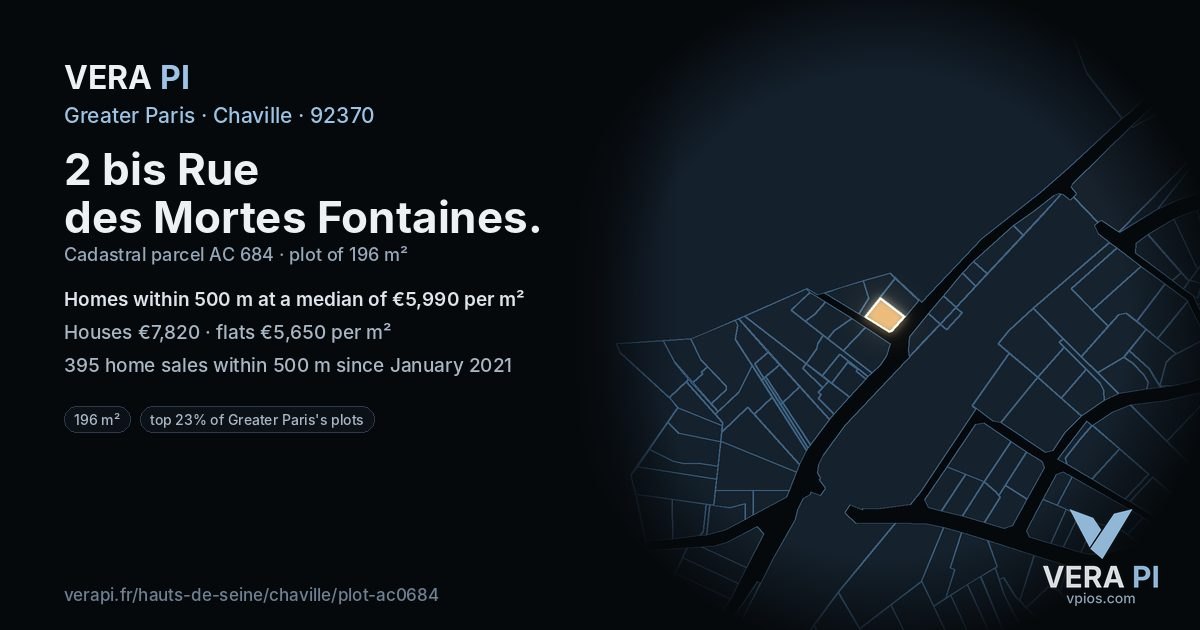2 bis Rue des Mortes Fontaines, Chaville at night – the plot lit, the parcels around coloured by the prices near them