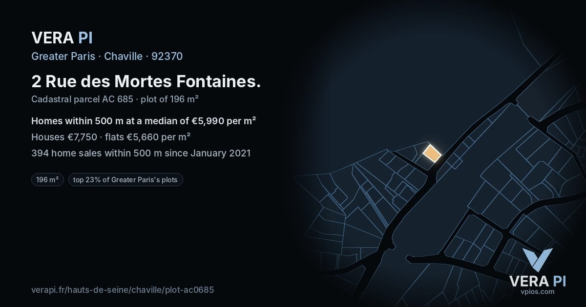 2 Rue des Mortes Fontaines, Chaville at night – the plot lit, the parcels around coloured by the prices near them