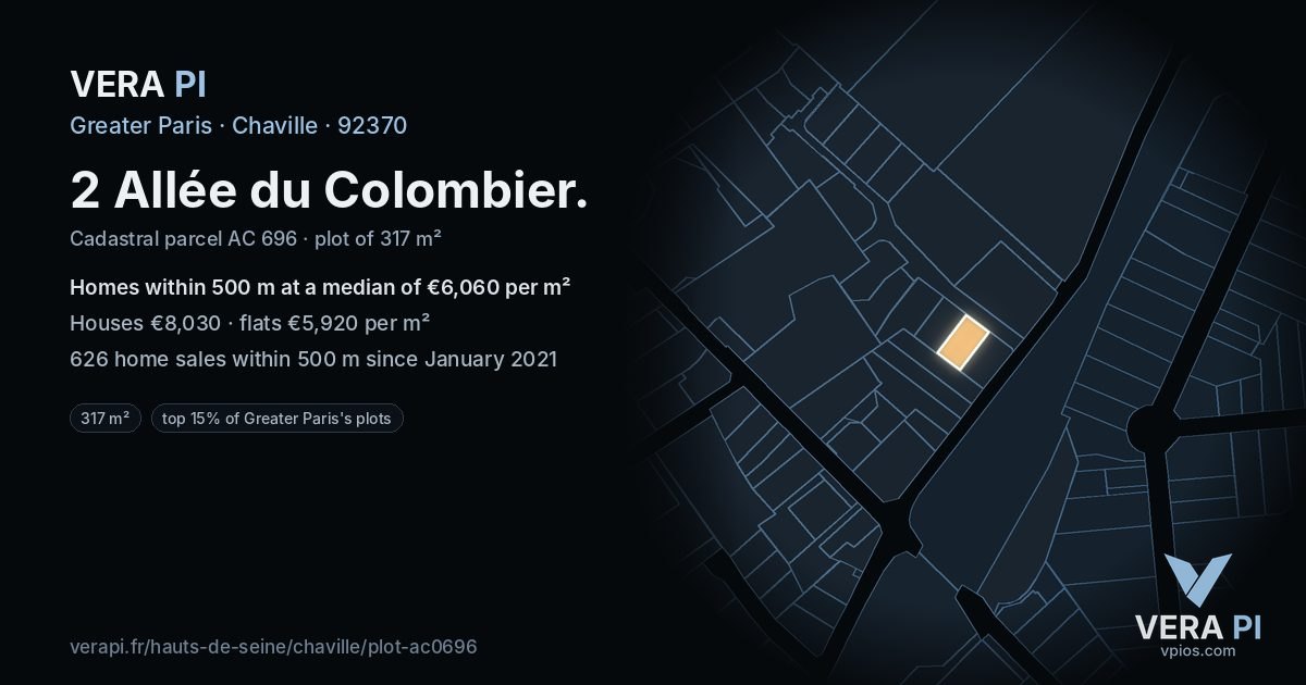 2 Allée du Colombier, Chaville at night – the plot lit, the parcels around coloured by the prices near them
