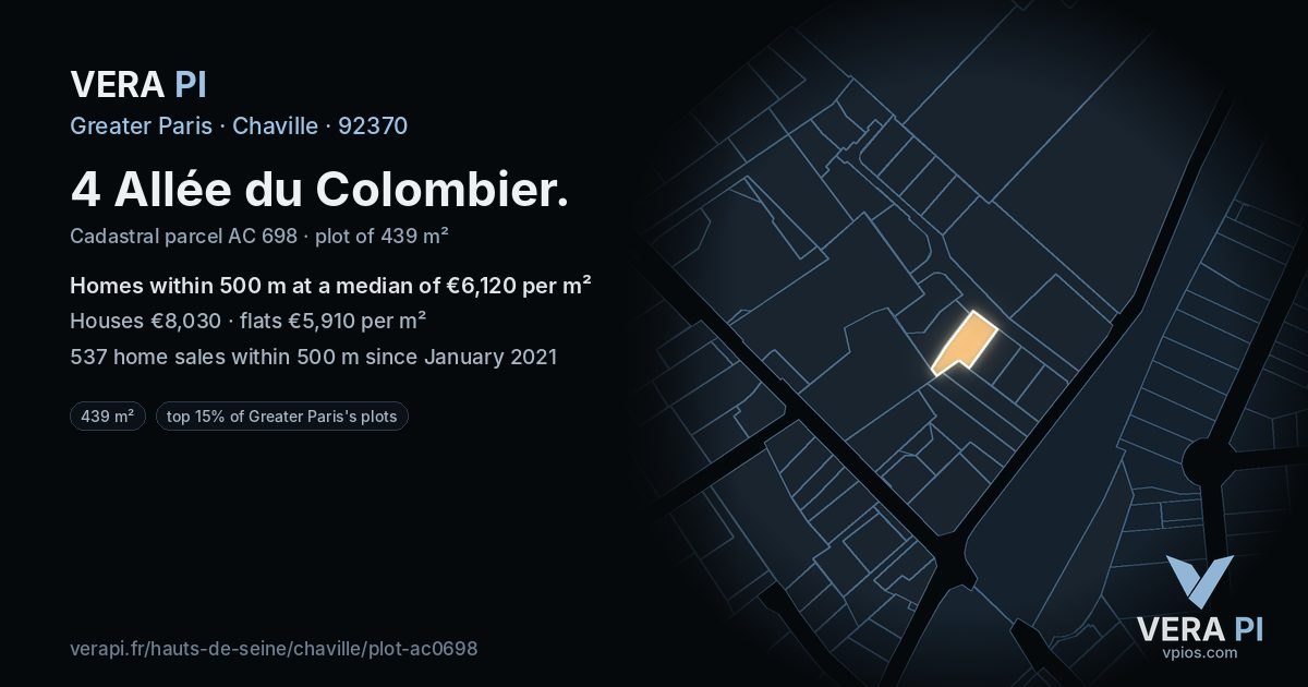 4 Allée du Colombier, Chaville at night – the plot lit, the parcels around coloured by the prices near them