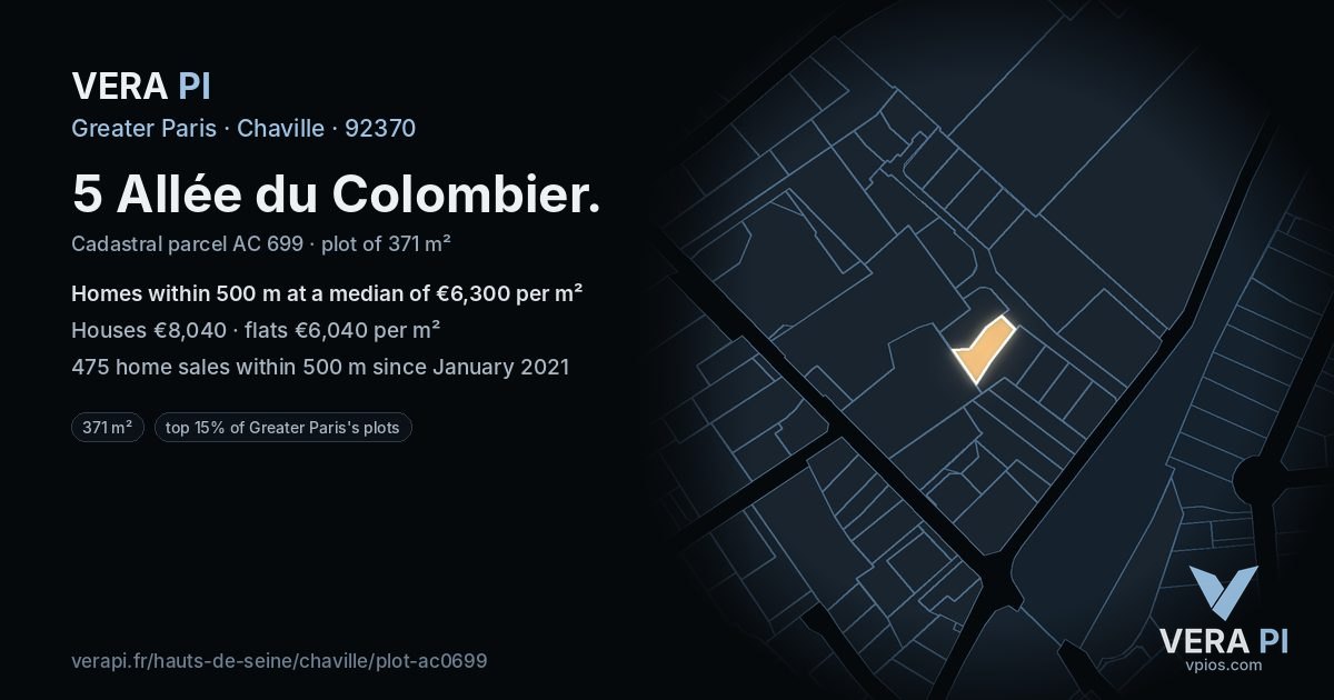 5 Allée du Colombier, Chaville at night – the plot lit, the parcels around coloured by the prices near them