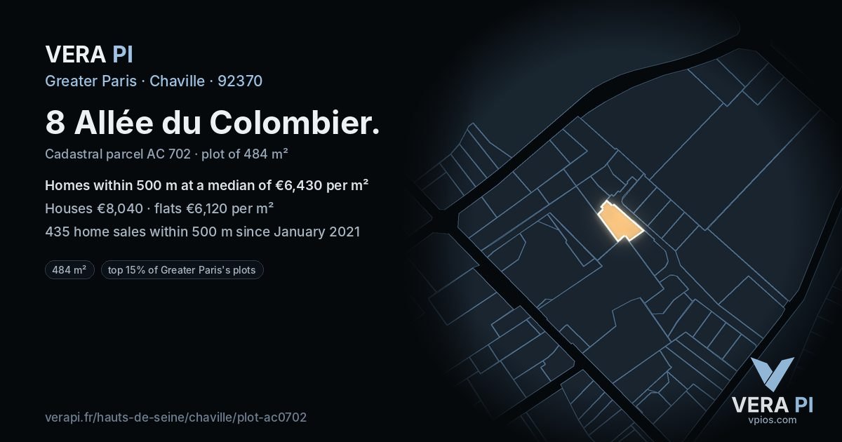 8 Allée du Colombier, Chaville at night – the plot lit, the parcels around coloured by the prices near them