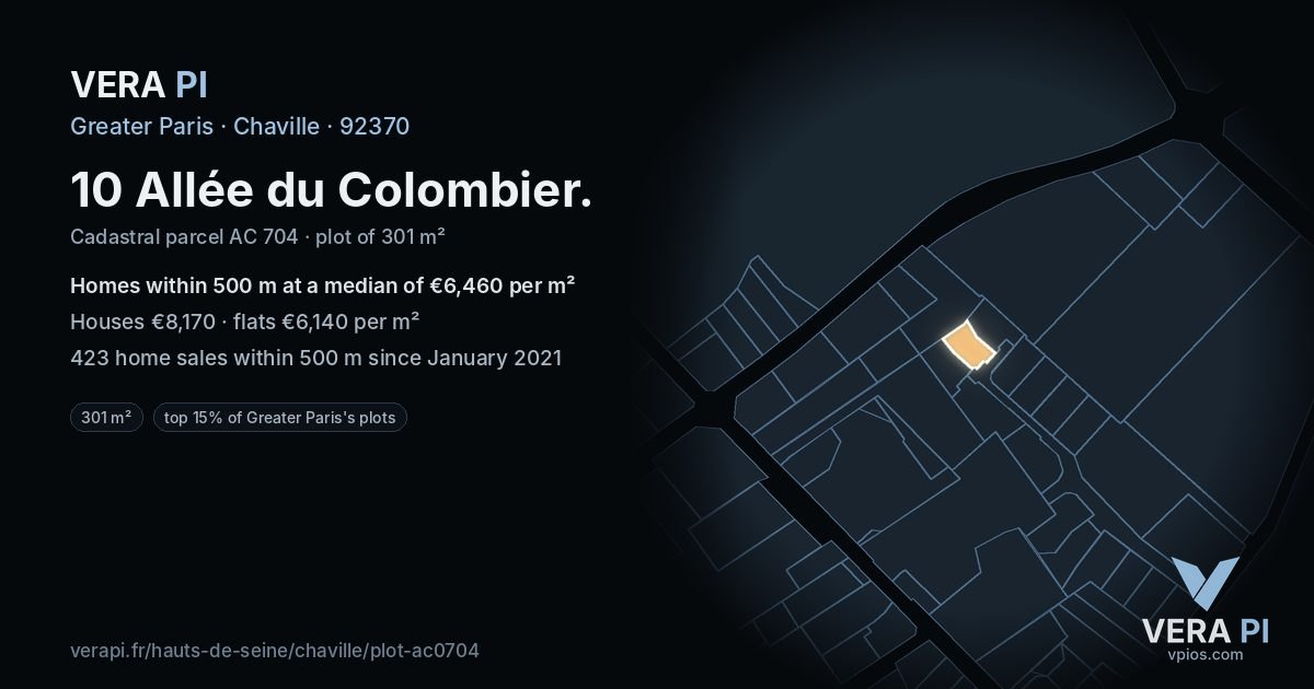 10 Allée du Colombier, Chaville at night – the plot lit, the parcels around coloured by the prices near them