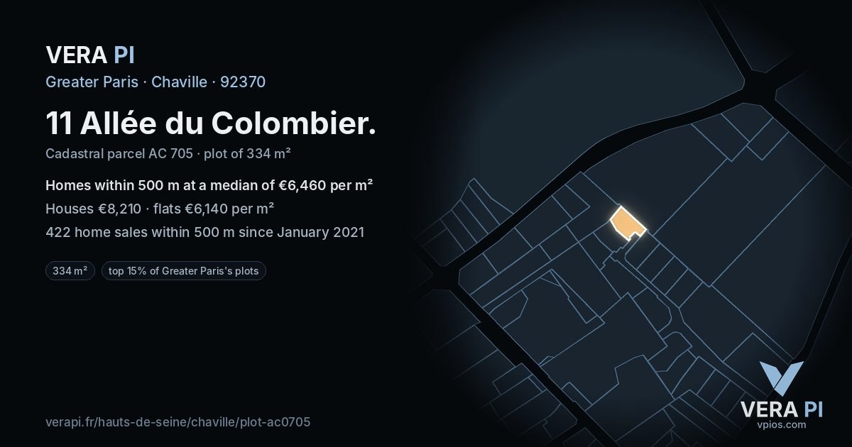 11 Allée du Colombier, Chaville at night – the plot lit, the parcels around coloured by the prices near them