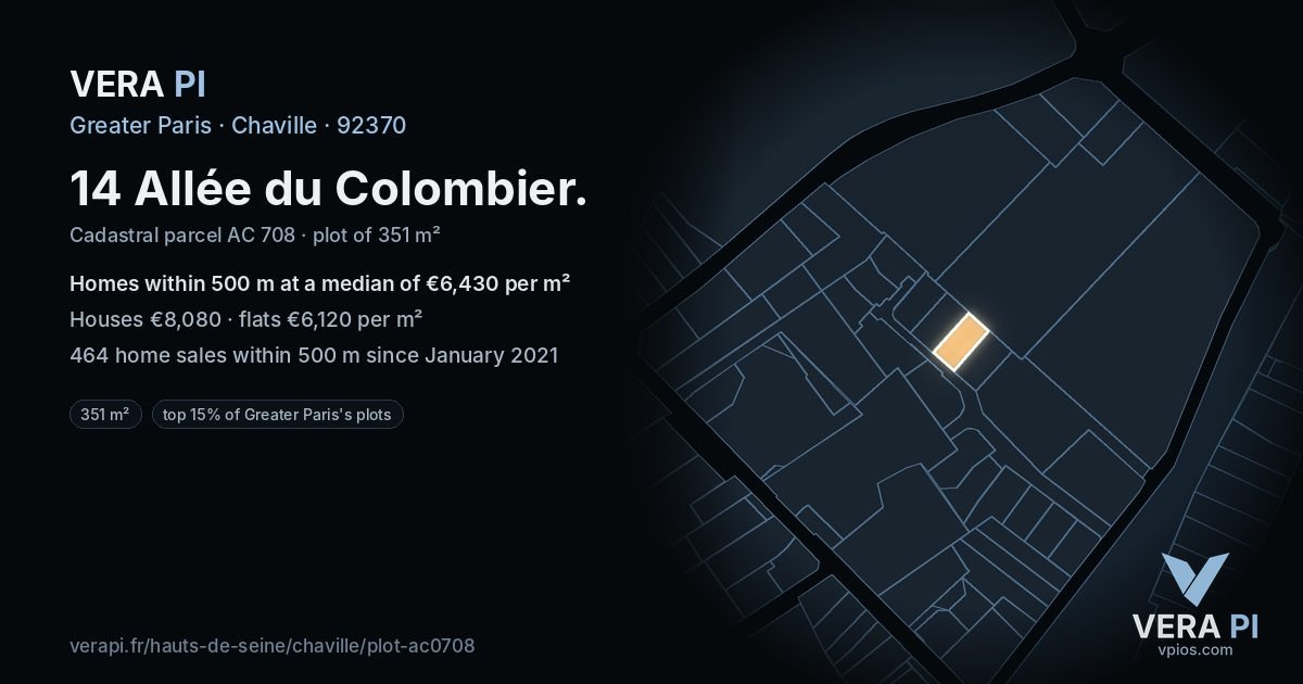 14 Allée du Colombier, Chaville at night – the plot lit, the parcels around coloured by the prices near them