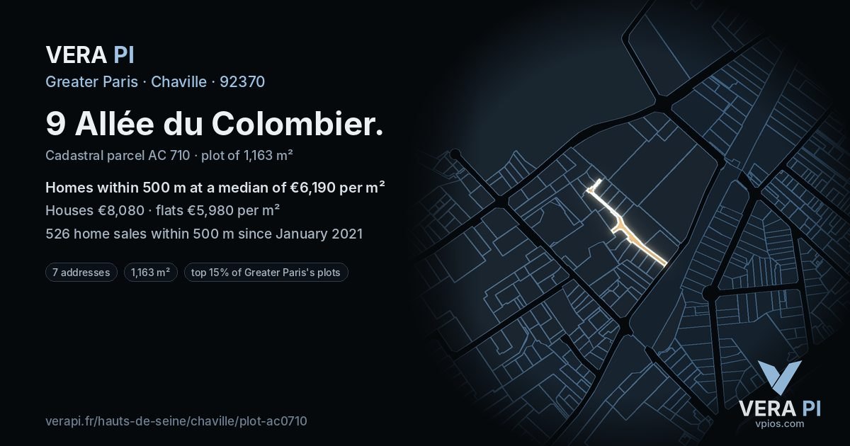 9 Allée du Colombier, Chaville at night – the plot lit, the parcels around coloured by the prices near them