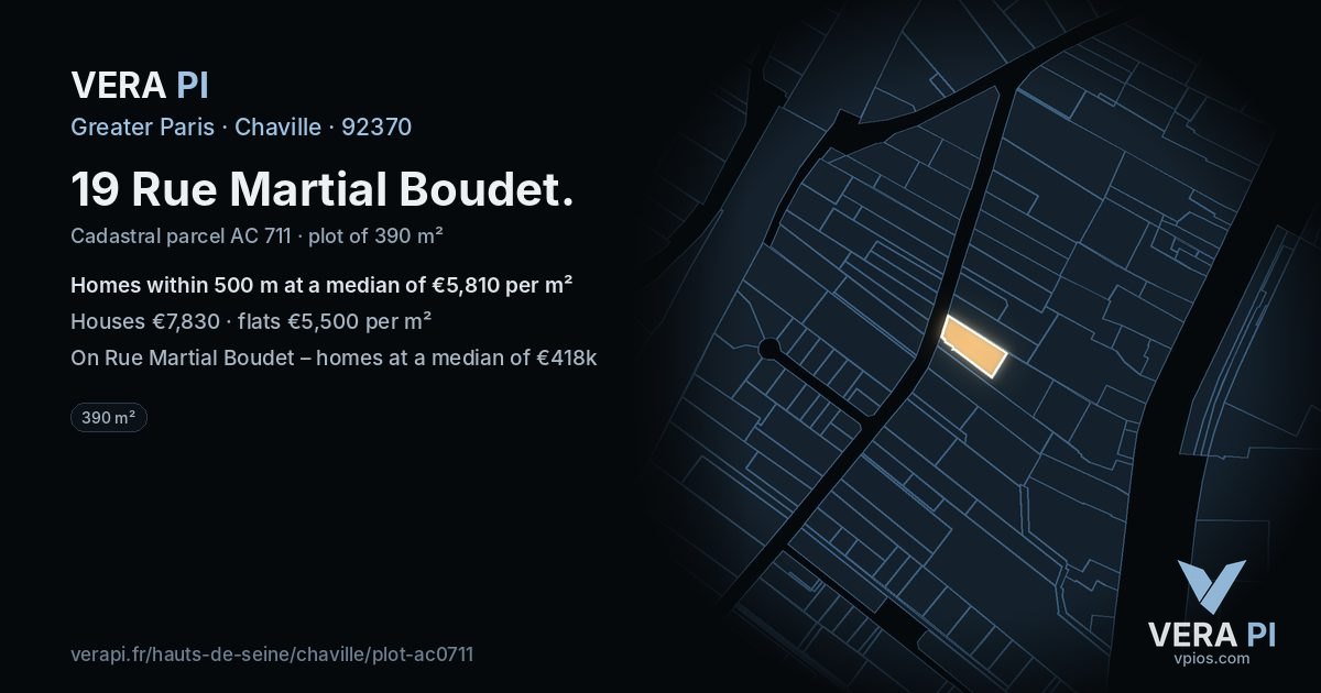 19 Rue Martial Boudet, Chaville at night – the plot lit, the parcels around coloured by the prices near them