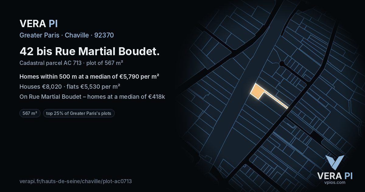 42 bis Rue Martial Boudet, Chaville at night – the plot lit, the parcels around coloured by the prices near them