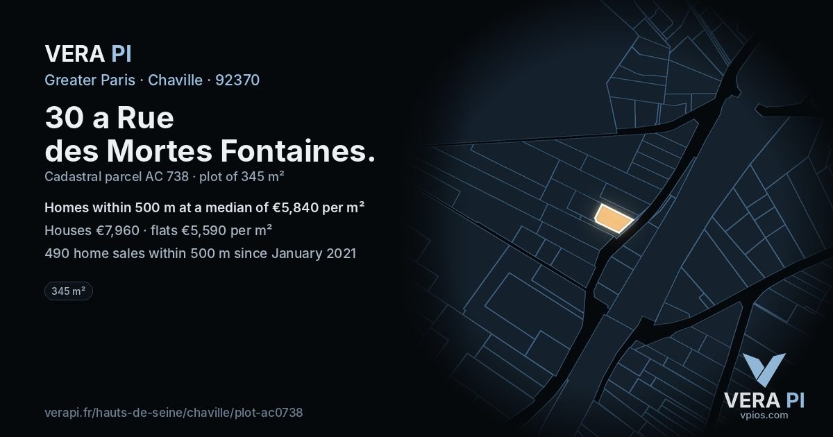 30 a Rue des Mortes Fontaines, Chaville at night – the plot lit, the parcels around coloured by the prices near them