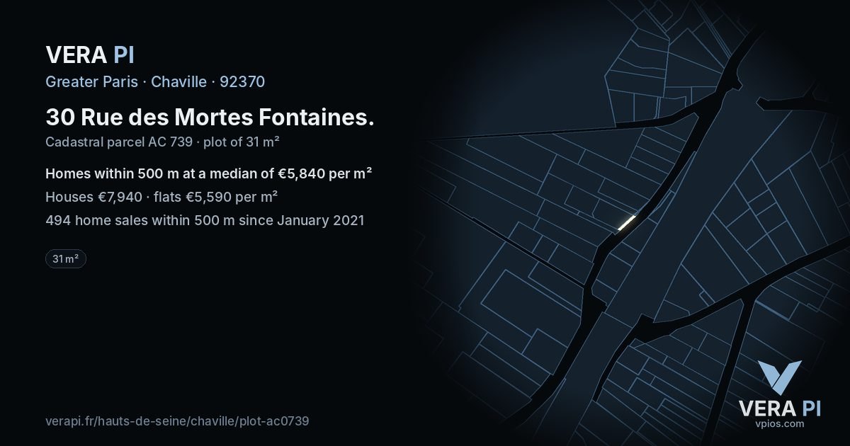 30 Rue des Mortes Fontaines, Chaville at night – the plot lit, the parcels around coloured by the prices near them
