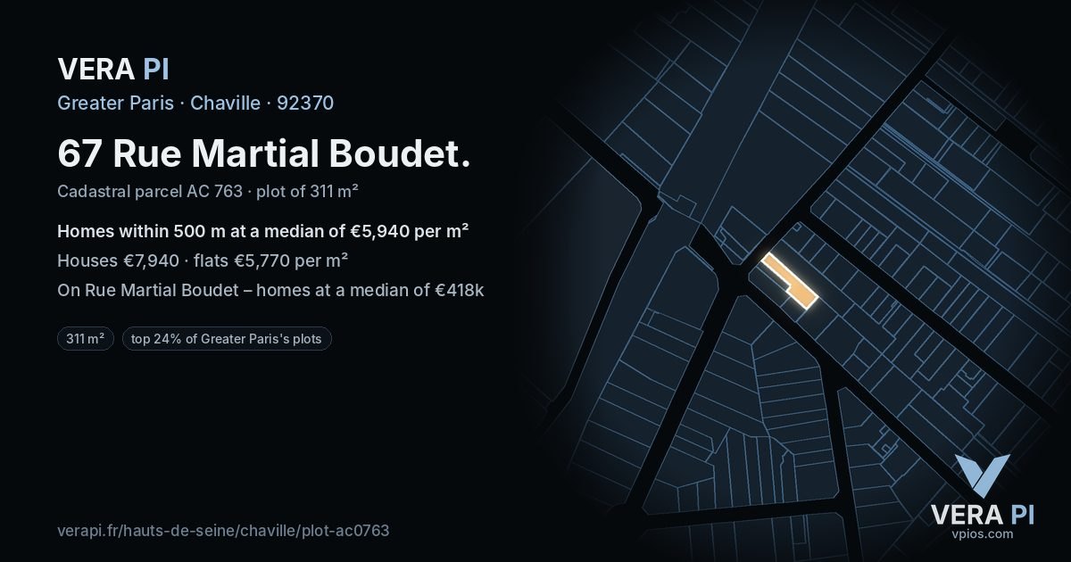 67 Rue Martial Boudet, Chaville at night – the plot lit, the parcels around coloured by the prices near them
