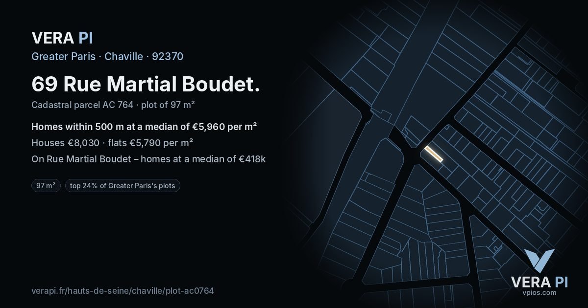 69 Rue Martial Boudet, Chaville at night – the plot lit, the parcels around coloured by the prices near them