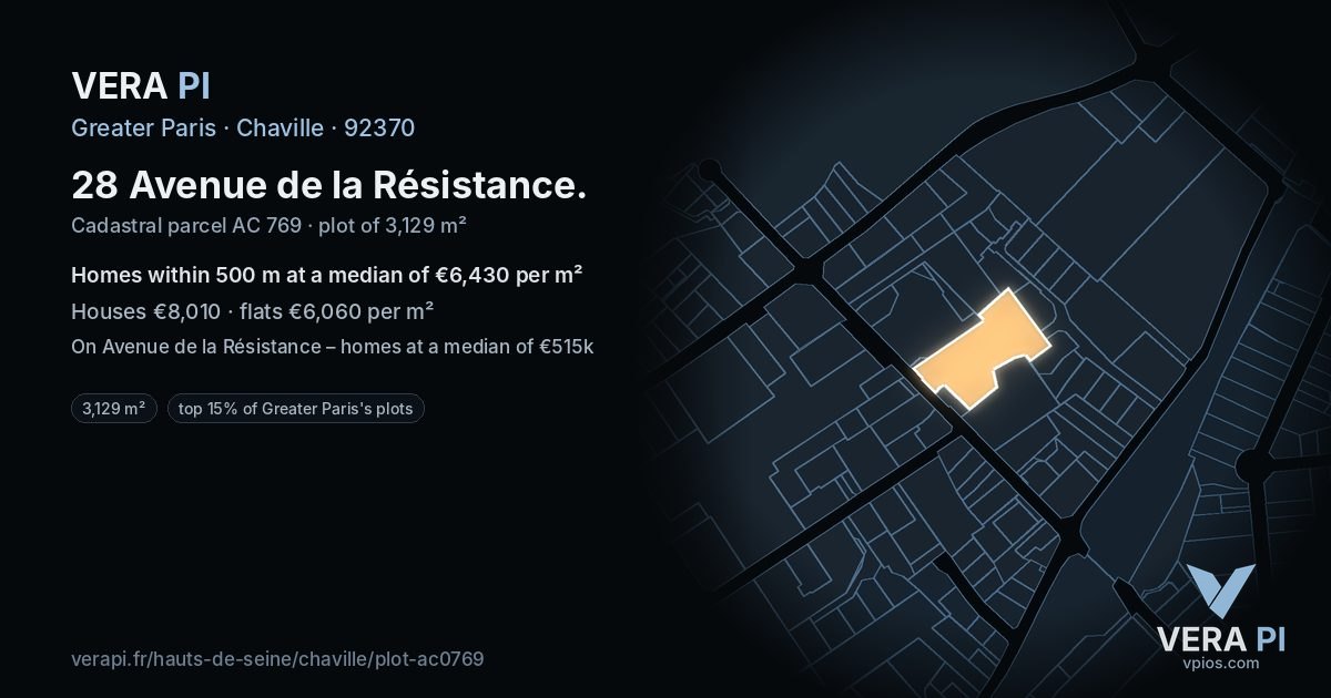 28 Avenue de la Résistance, Chaville at night – the plot lit, the parcels around coloured by the prices near them