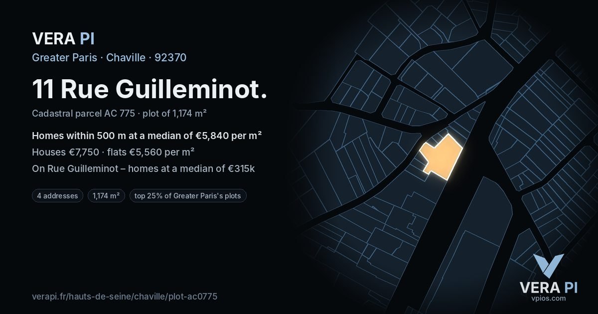 11 Rue Guilleminot, Chaville at night – the plot lit, the parcels around coloured by the prices near them