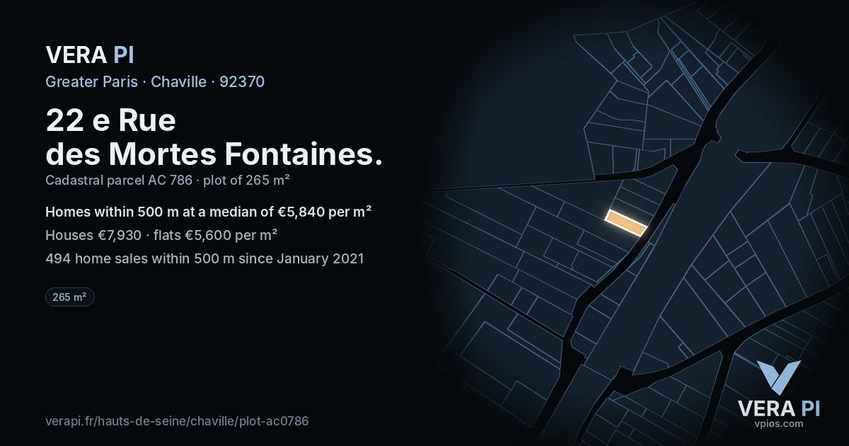 22 e Rue des Mortes Fontaines, Chaville at night – the plot lit, the parcels around coloured by the prices near them