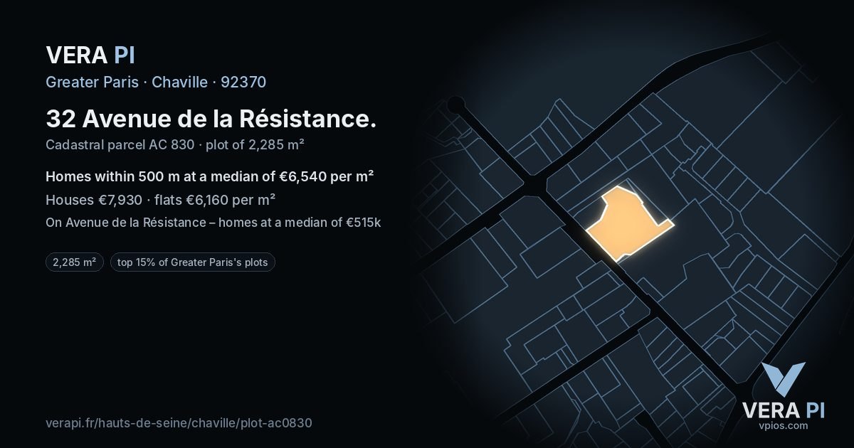 32 Avenue de la Résistance, Chaville at night – the plot lit, the parcels around coloured by the prices near them