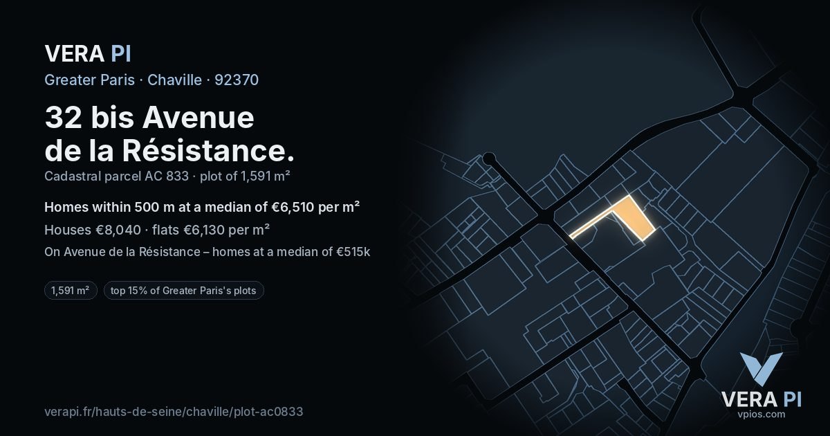 32 bis Avenue de la Résistance, Chaville at night – the plot lit, the parcels around coloured by the prices near them
