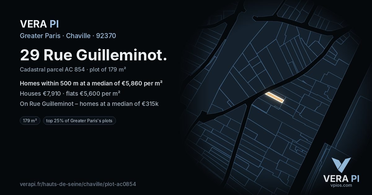 29 Rue Guilleminot, Chaville at night – the plot lit, the parcels around coloured by the prices near them