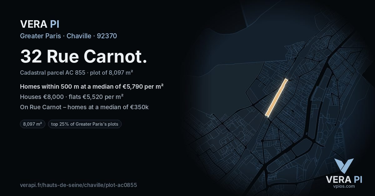 32 Rue Carnot, Chaville at night – the plot lit, the parcels around coloured by the prices near them