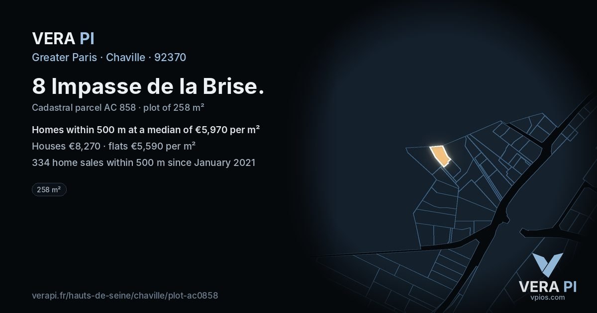 8 Impasse de la Brise, Chaville at night – the plot lit, the parcels around coloured by the prices near them