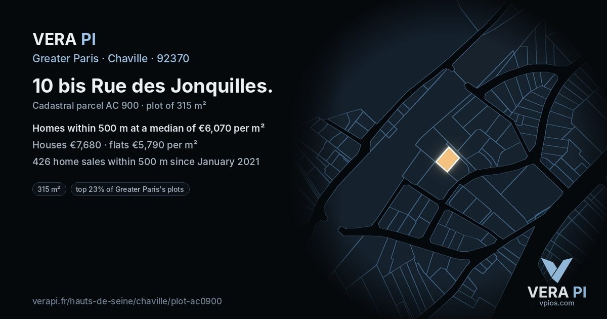 10 bis Rue des Jonquilles, Chaville at night – the plot lit, the parcels around coloured by the prices near them