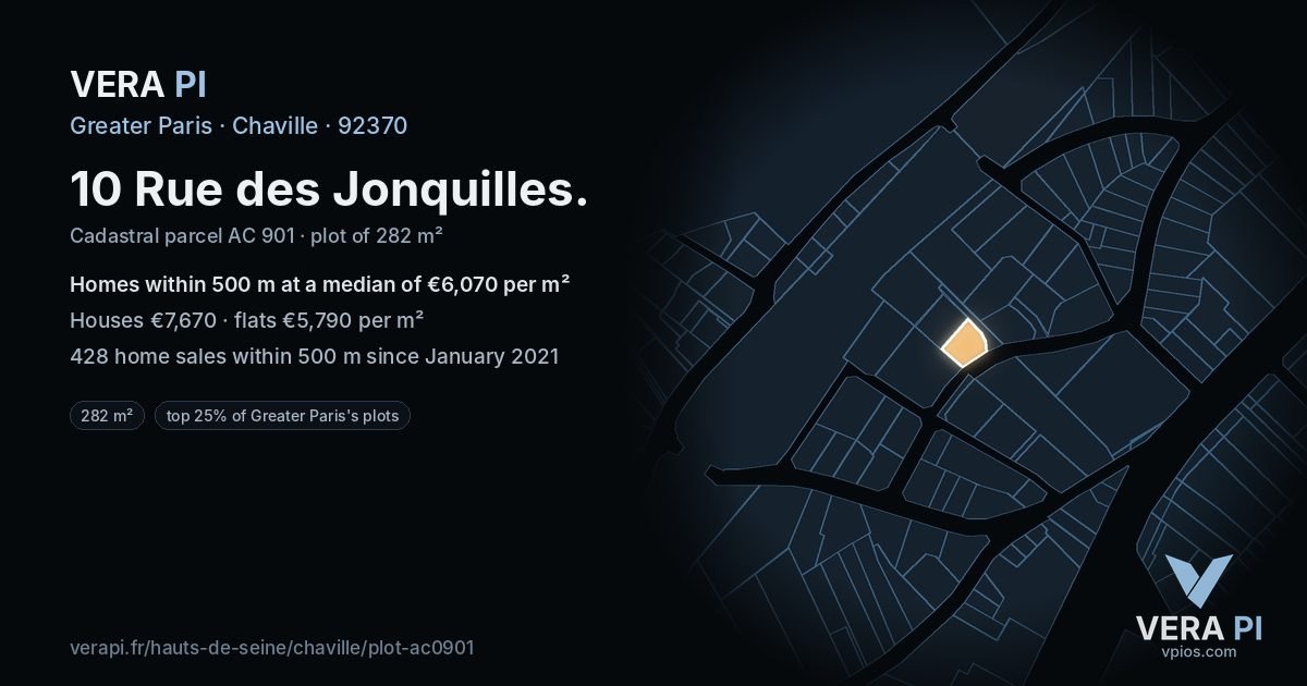 10 Rue des Jonquilles, Chaville at night – the plot lit, the parcels around coloured by the prices near them