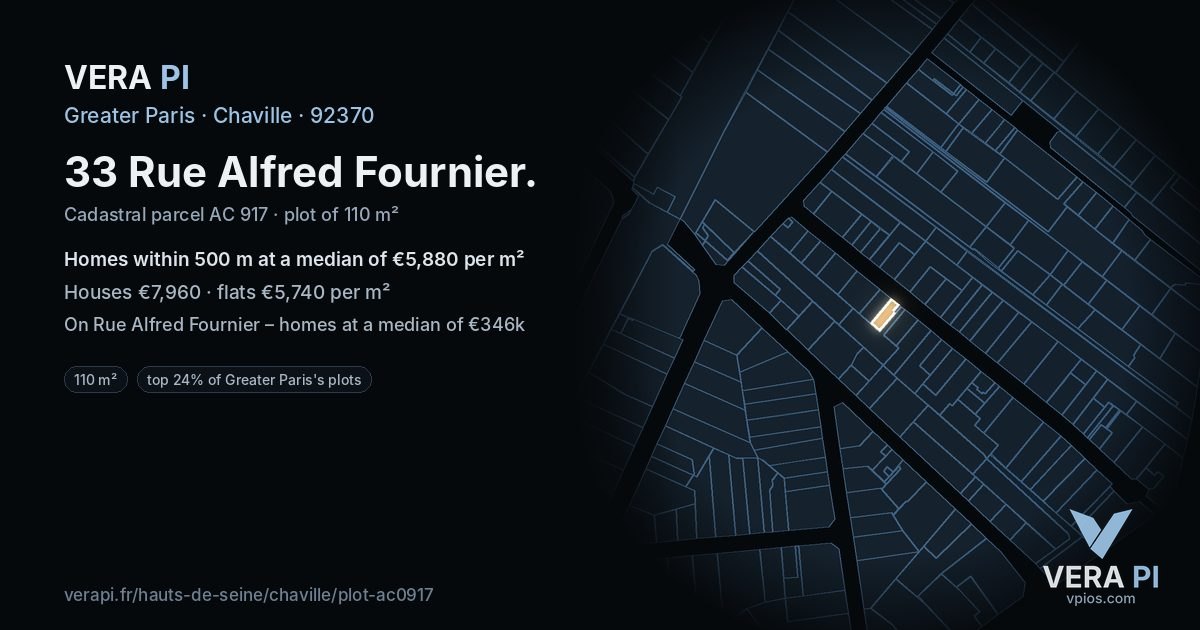 33 Rue Alfred Fournier, Chaville at night – the plot lit, the parcels around coloured by the prices near them