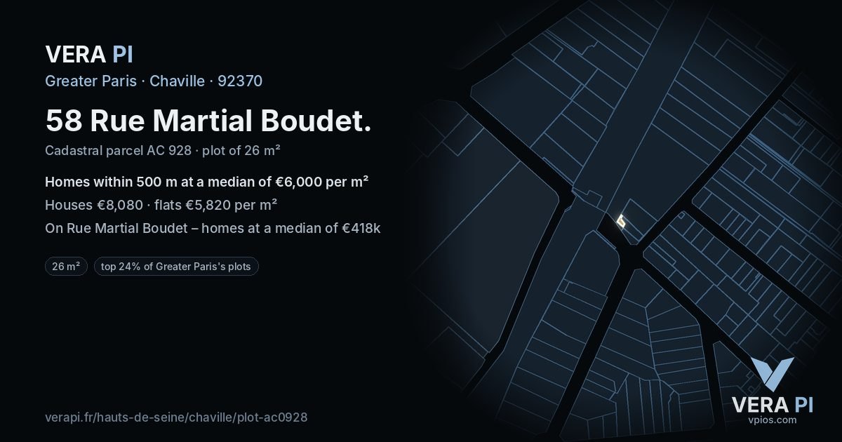 58 Rue Martial Boudet, Chaville at night – the plot lit, the parcels around coloured by the prices near them