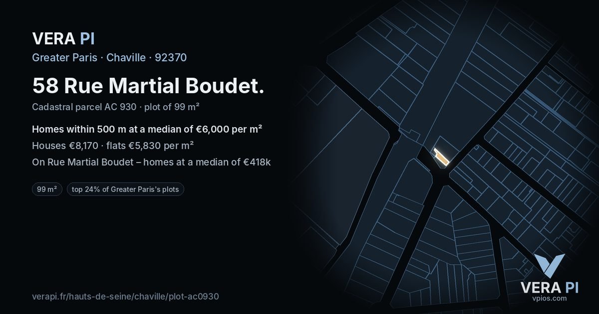 58 Rue Martial Boudet, Chaville at night – the plot lit, the parcels around coloured by the prices near them